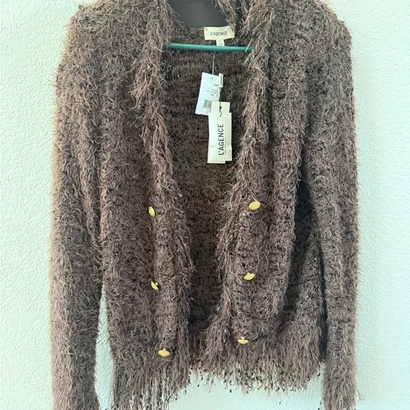 L'AGENCE Chocolate Brown Fuzzy Jacket with Gold Logo Tag - Picture 4 of 6